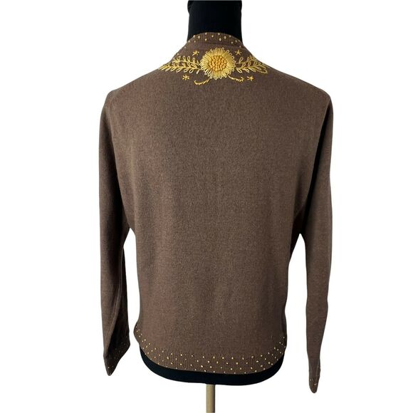 Vintage Knit Cardigan Dark Brown Wool Blend Hand Embroidered‎ Yellow Flowers S/M - Picture 11 of 12